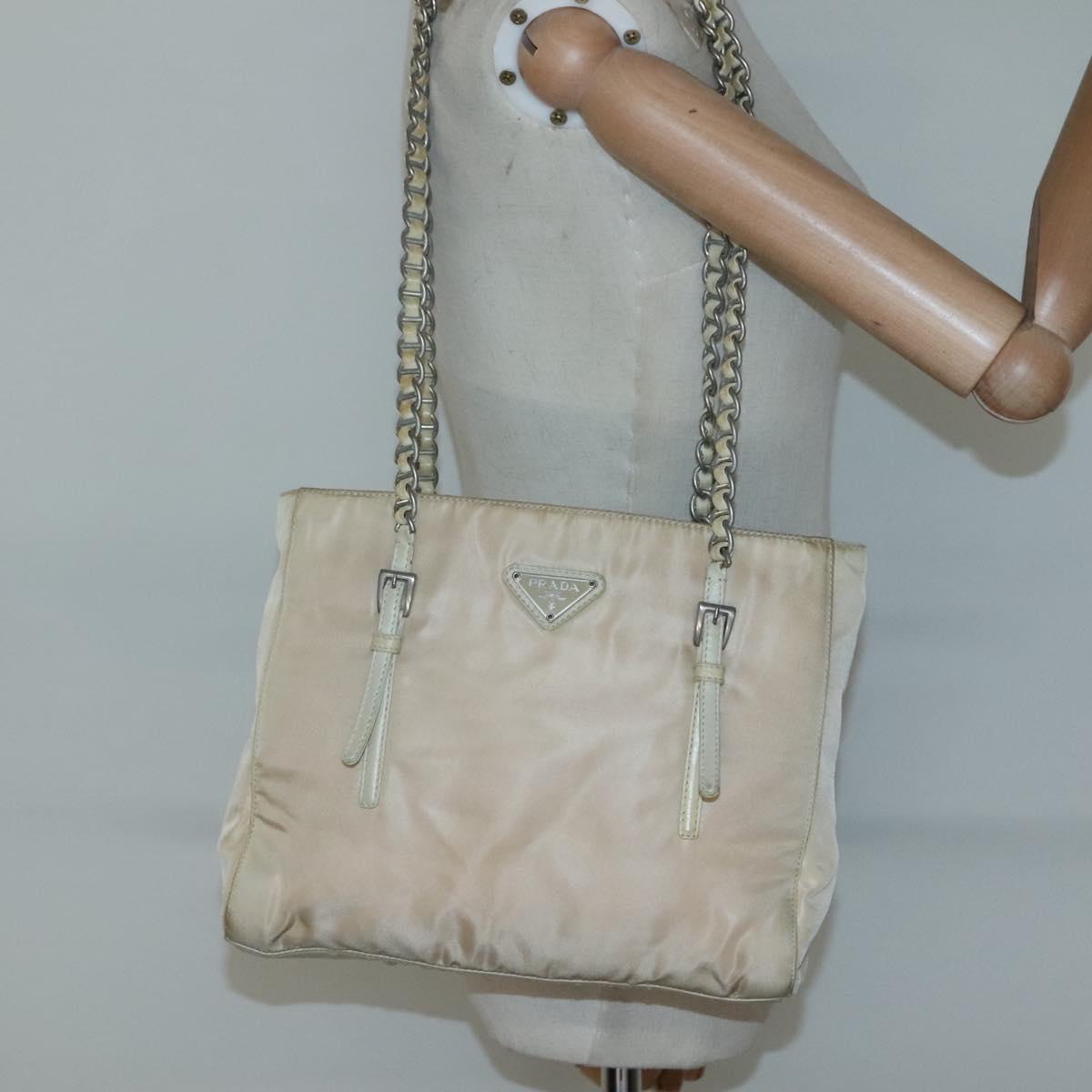 PRADA Chain Shoulder Bag Nylon Ivory Silver Auth 137031