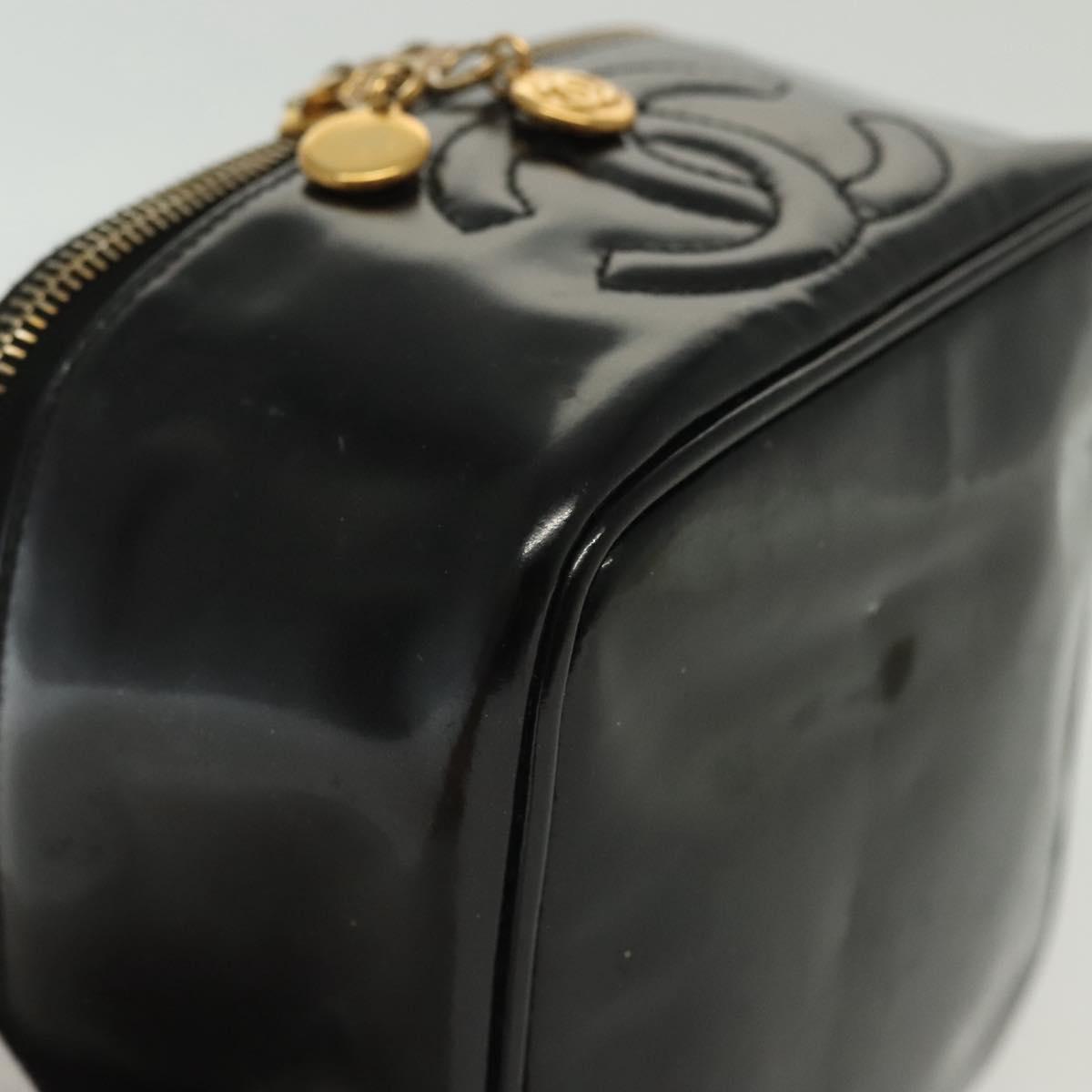 CHANEL Vanity Pouch Patent leather Black Gold CC Auth 137125