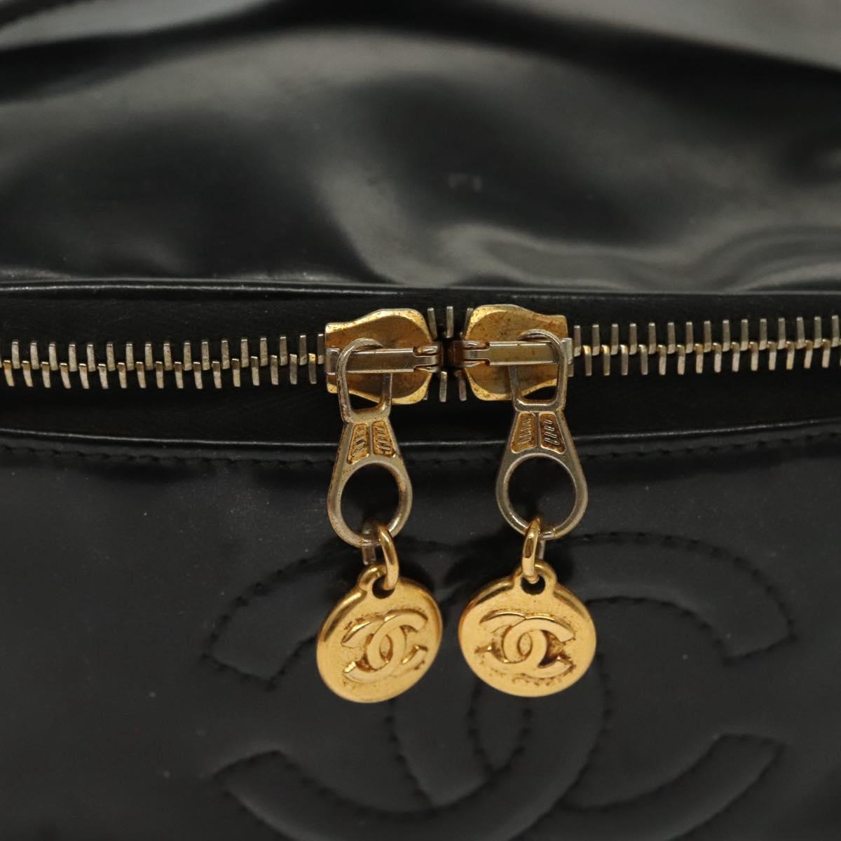CHANEL Vanity Pouch Patent leather Black Gold CC Auth 137125