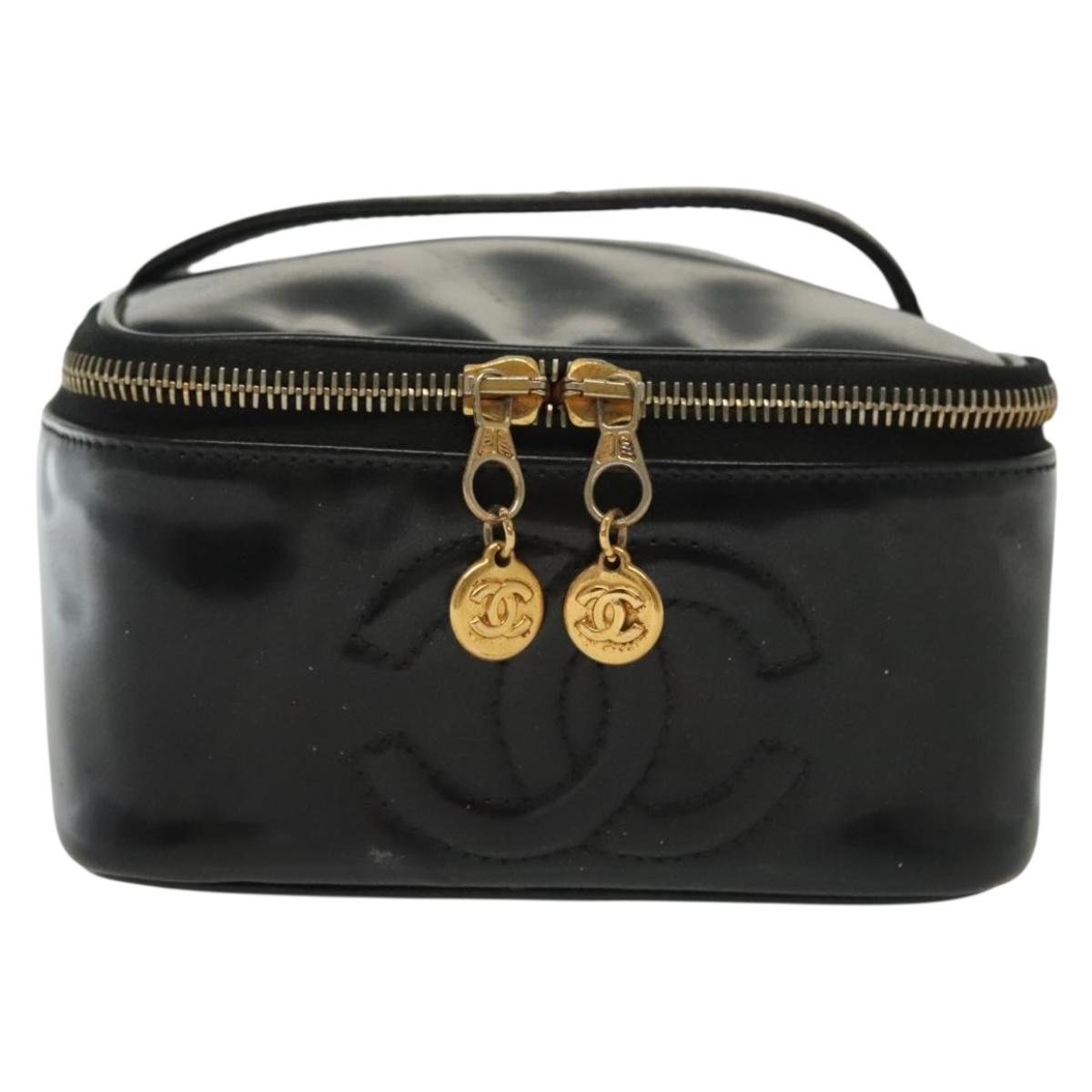 CHANEL Vanity Pouch Patent leather Black Gold CC Auth 137125