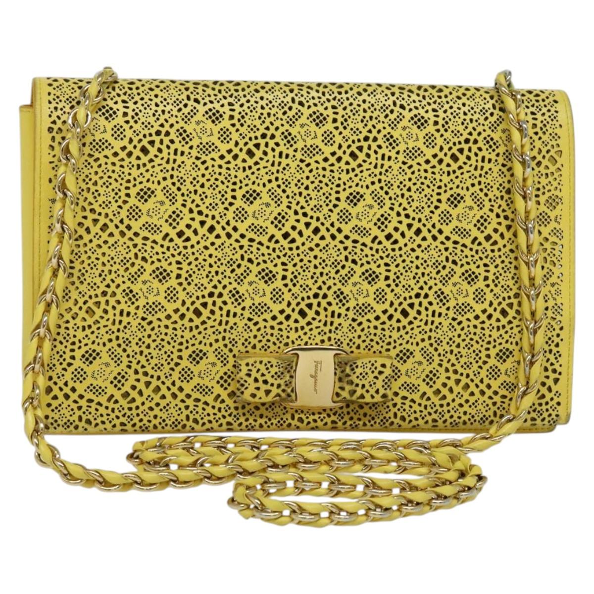 Salvatore Ferragamo Vala Chain Shoulder Bag Leather Yellow Silver Auth 137170