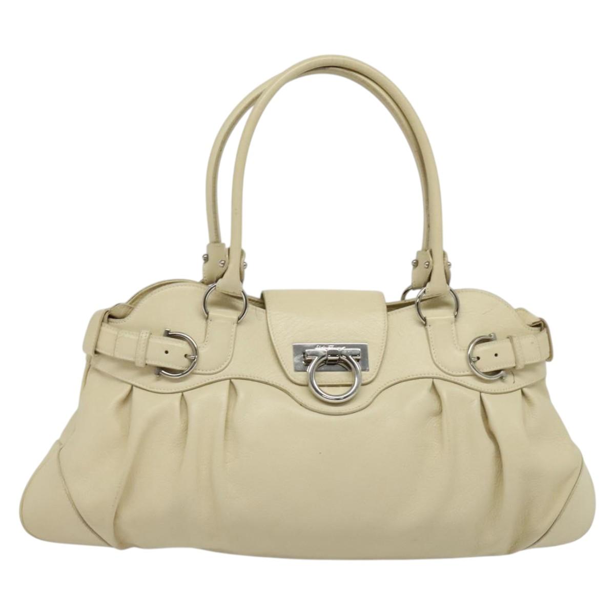 Salvatore Ferragamo Gancini Tote Bag Leather Beige Silver Auth 137173