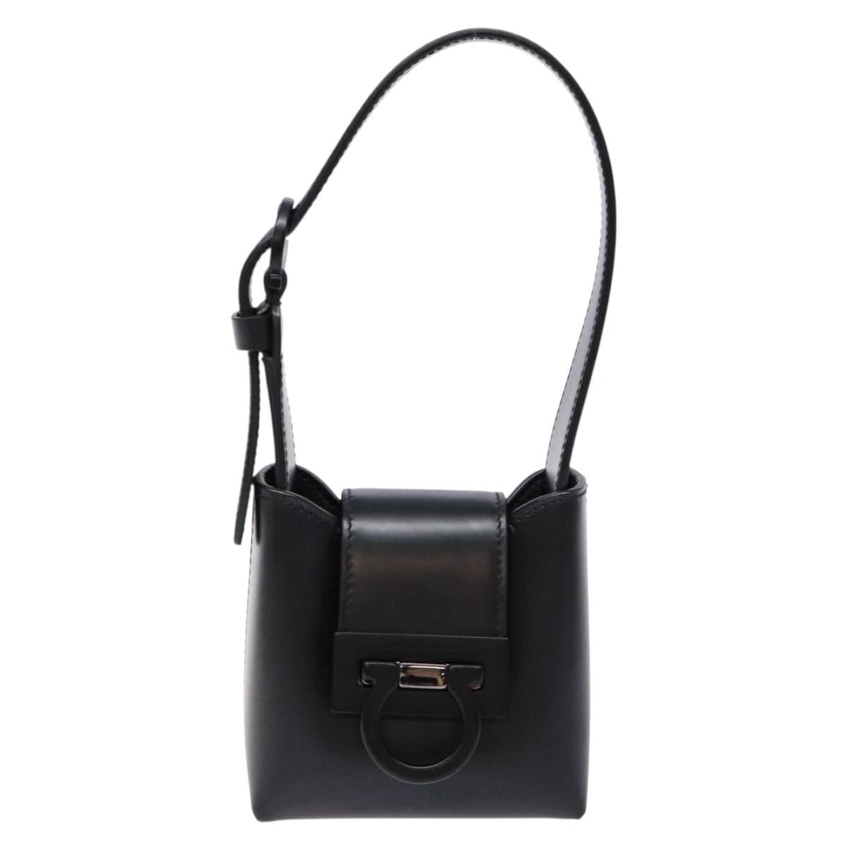 Salvatore Ferragamo Gancini Hand Bag Leather Black Silver Auth 137178