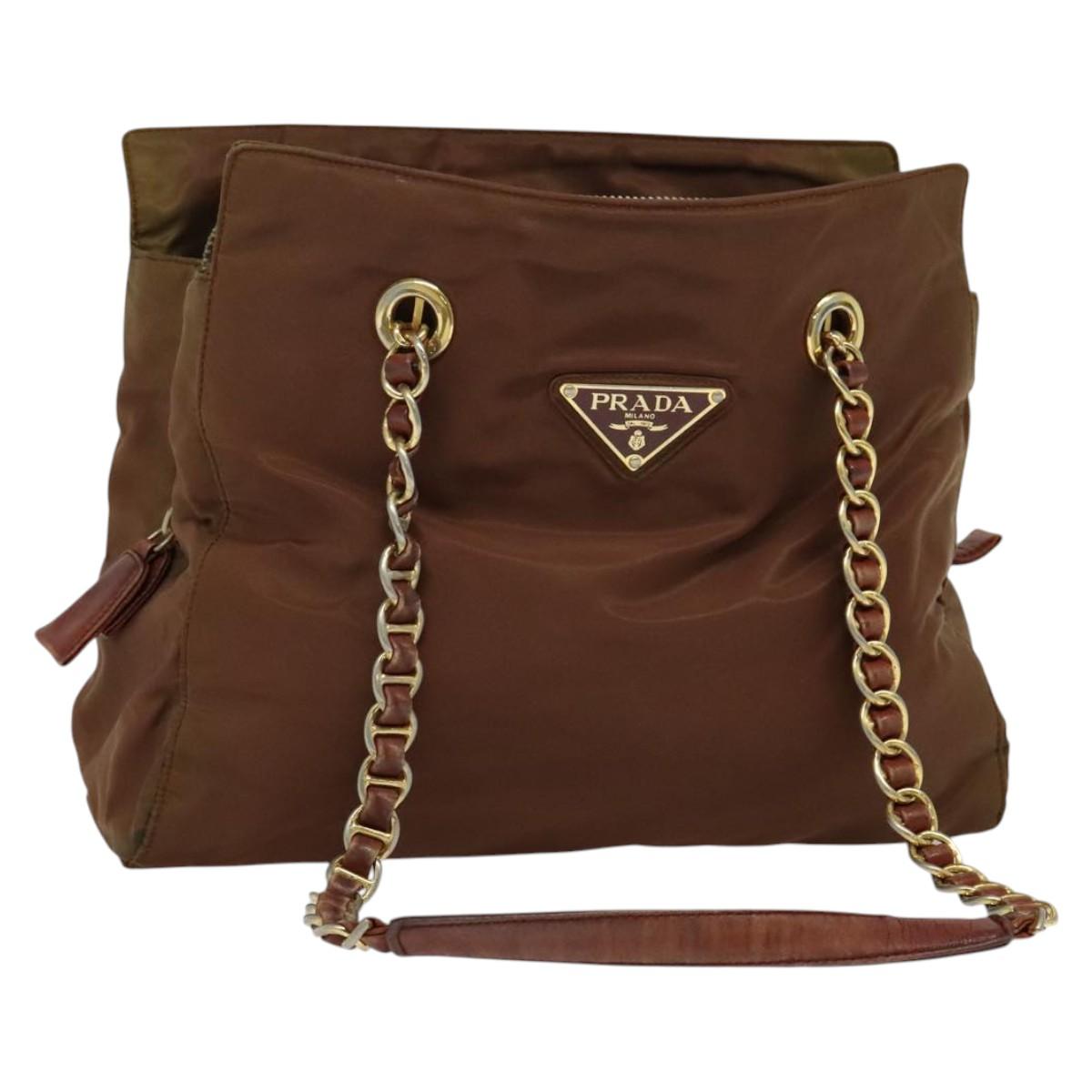 PRADA Chain Tote Bag Nylon Gold Brown Auth 137212