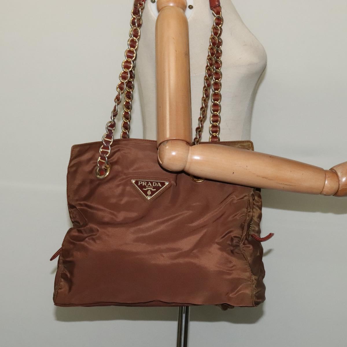 PRADA Chain Tote Bag Nylon Gold Brown Auth 137212