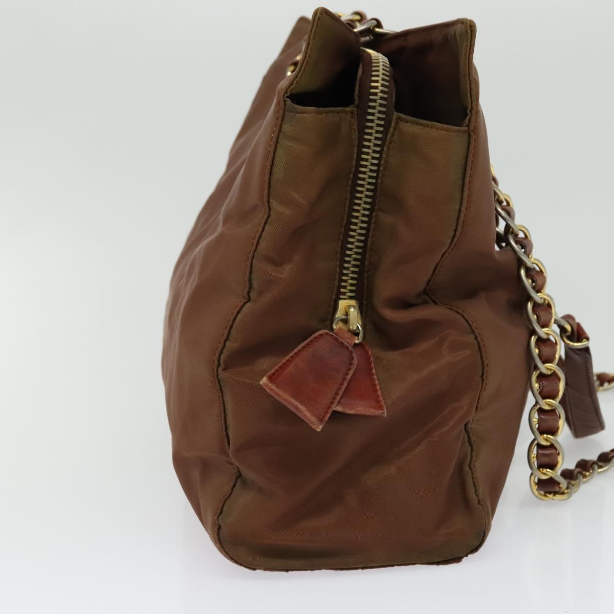 PRADA Chain Tote Bag Nylon Gold Brown Auth 137212