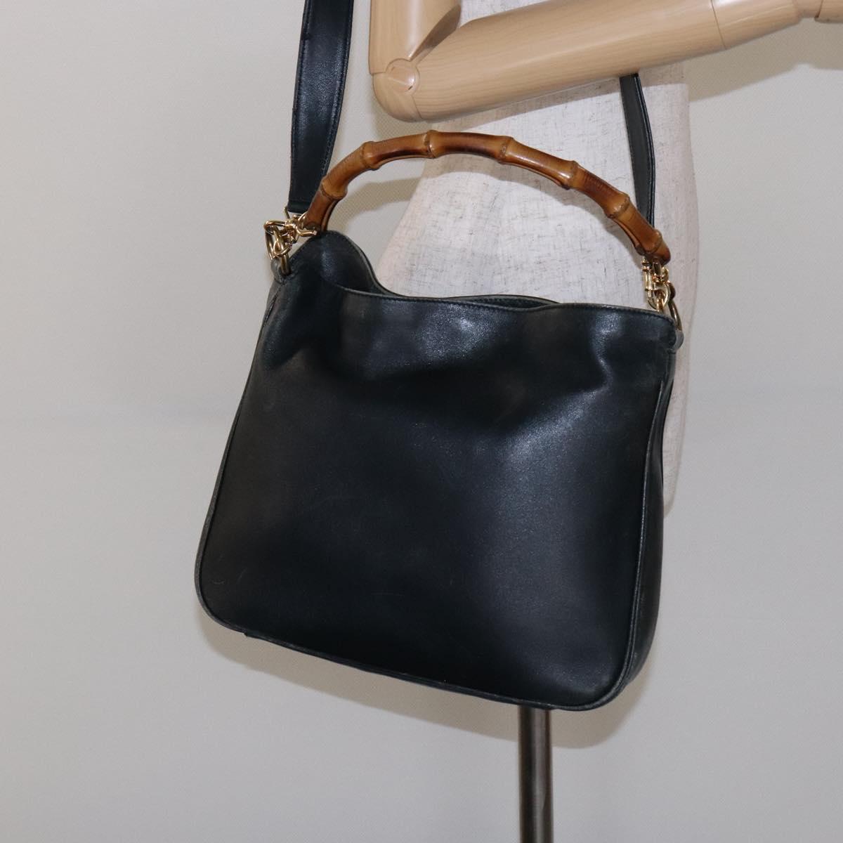 GUCCI Bamboo Hand Bag Leather 2way Black Gold 001 3444 1638 Auth 137282