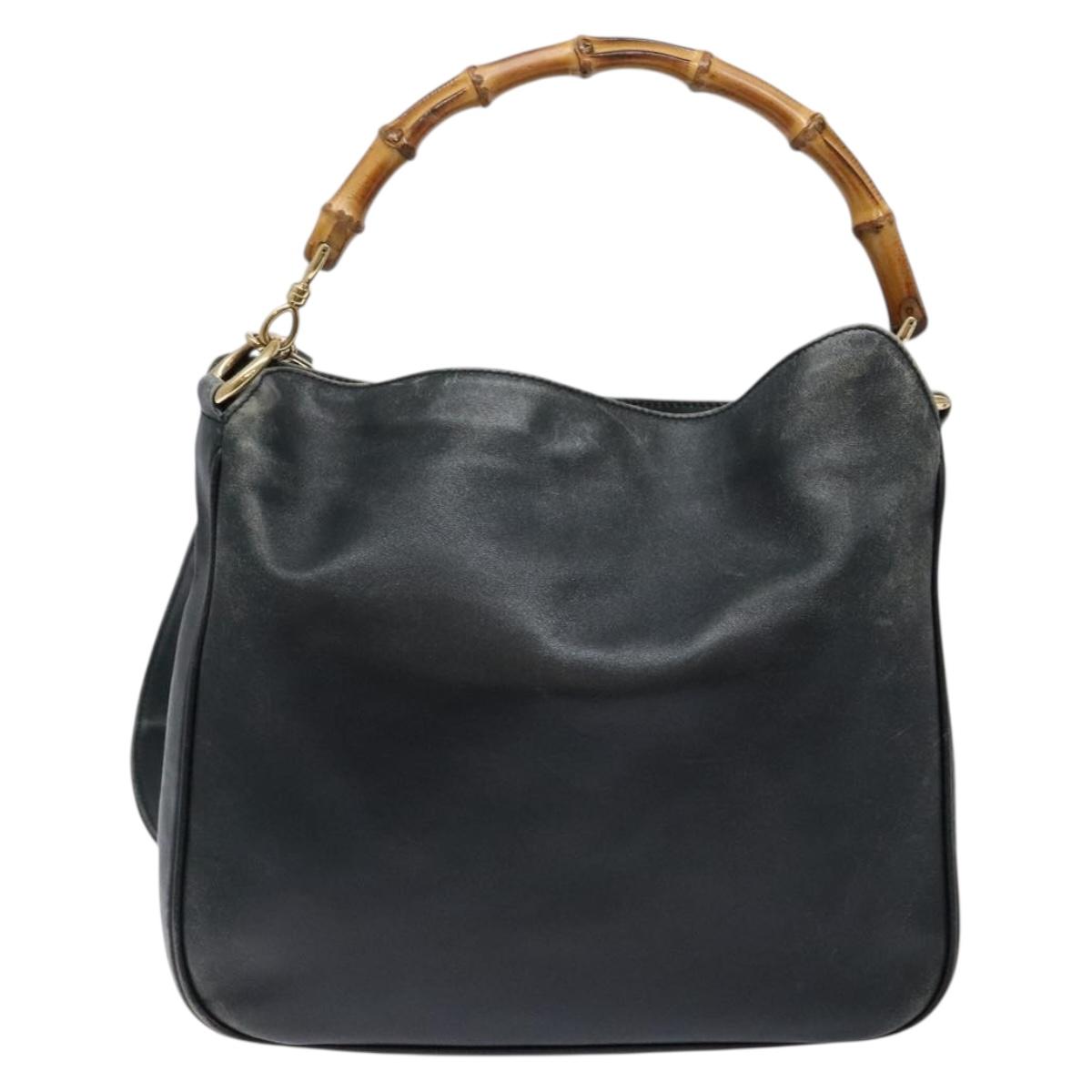 GUCCI Bamboo Hand Bag Leather 2way Black Gold 001 3444 1638 Auth 137282