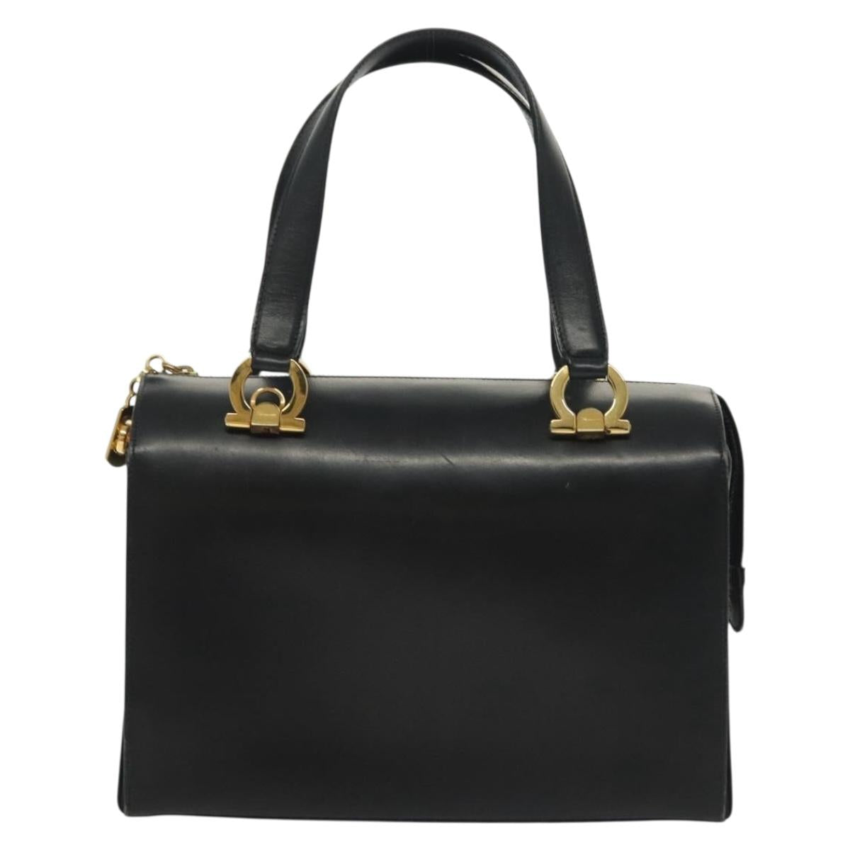 Salvatore Ferragamo Gancini Hand Bag Leather Black Gold Auth 137288