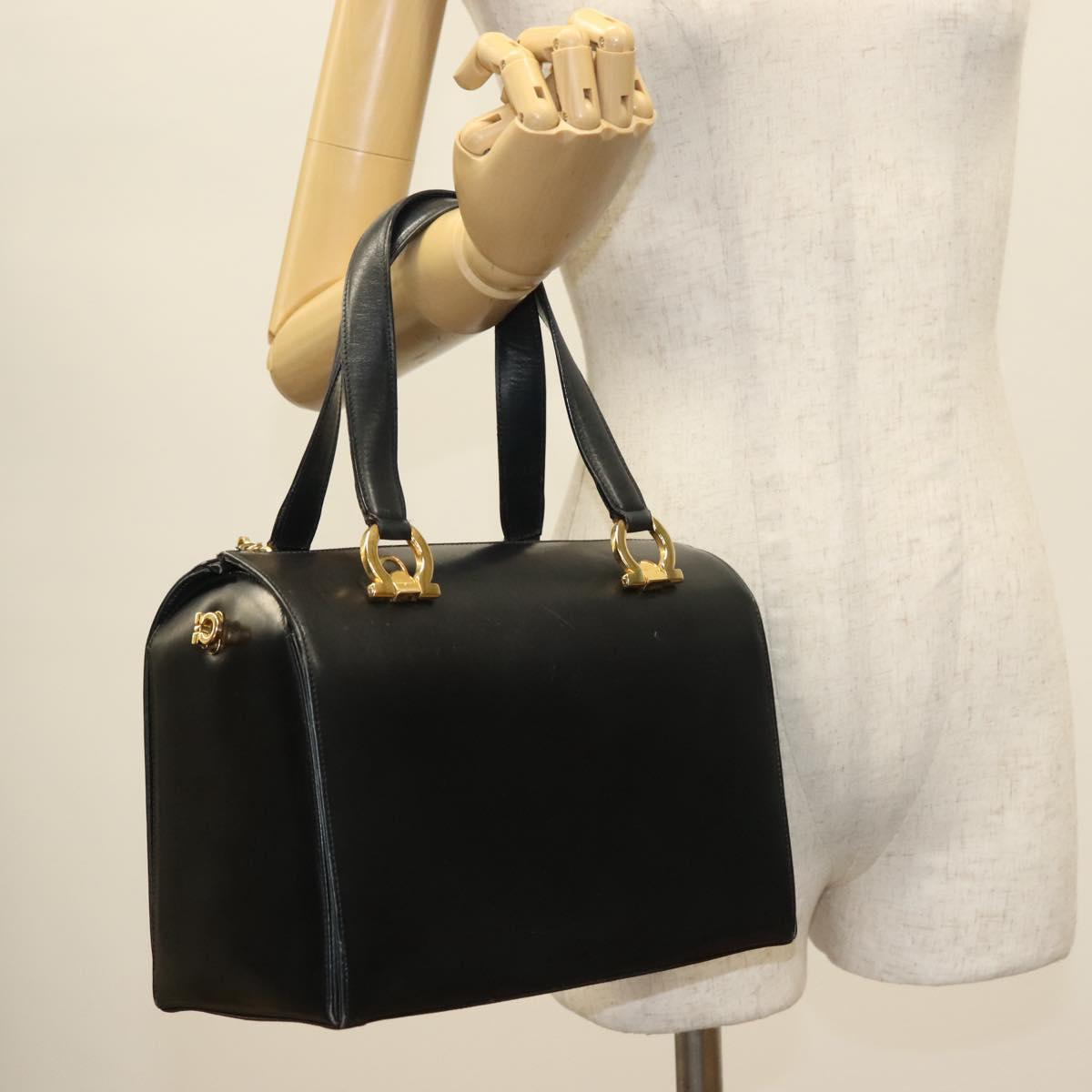 Salvatore Ferragamo Gancini Hand Bag Leather Black Gold Auth 137288