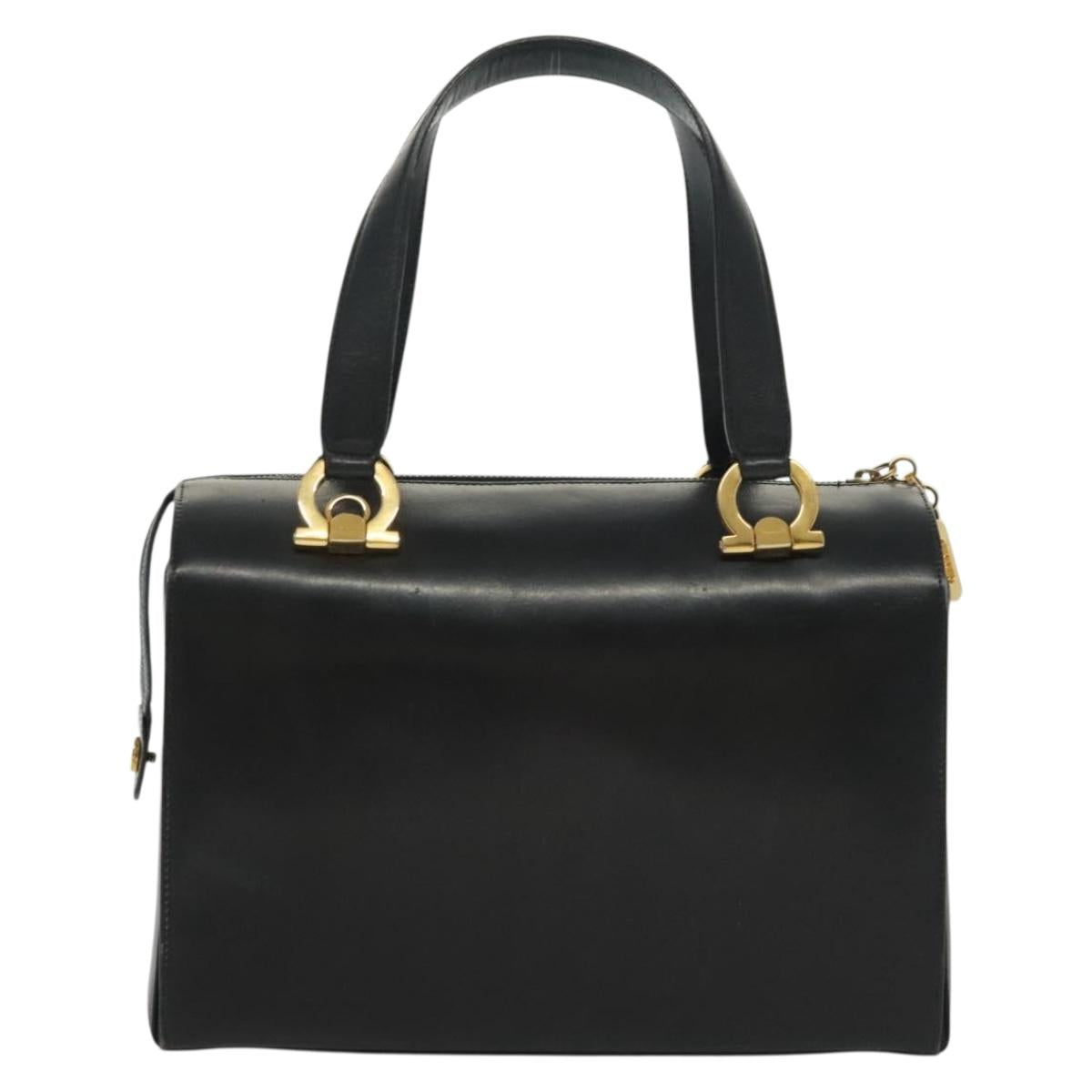 Salvatore Ferragamo Gancini Hand Bag Leather Black Gold Auth 137288
