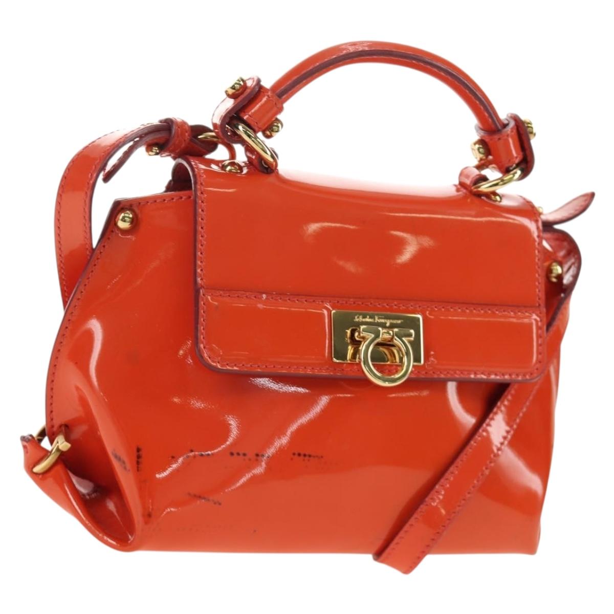 Salvatore Ferragamo Gancini Hand Bag Patent leather 2way Orange Gold Auth 137418