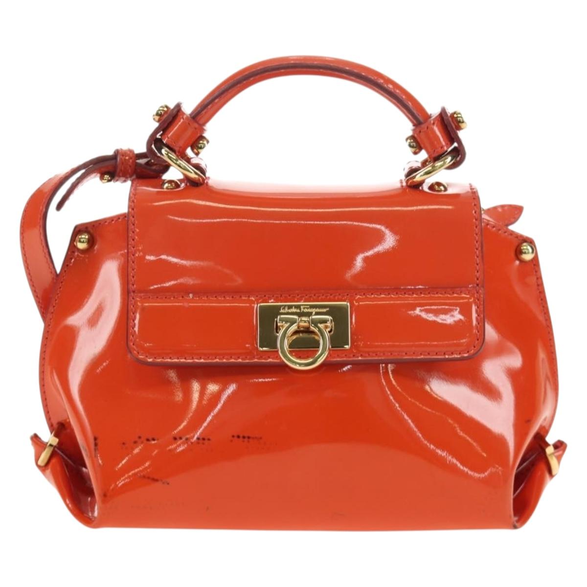 Salvatore Ferragamo Gancini Hand Bag Patent leather 2way Orange Gold Auth 137418