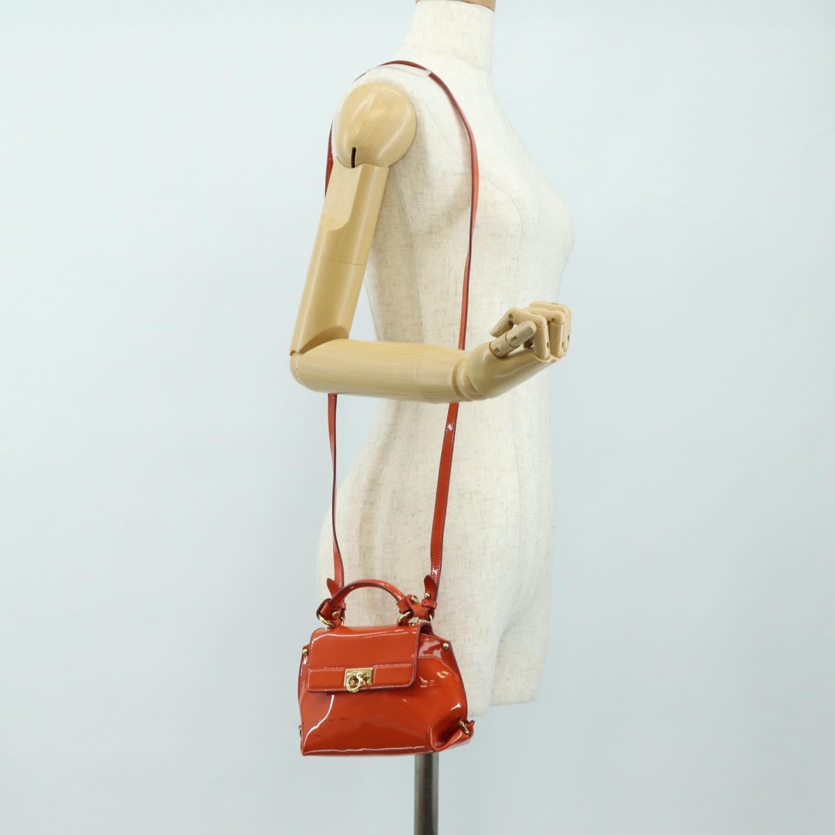 Salvatore Ferragamo Gancini Hand Bag Patent leather 2way Orange Gold Auth 137418