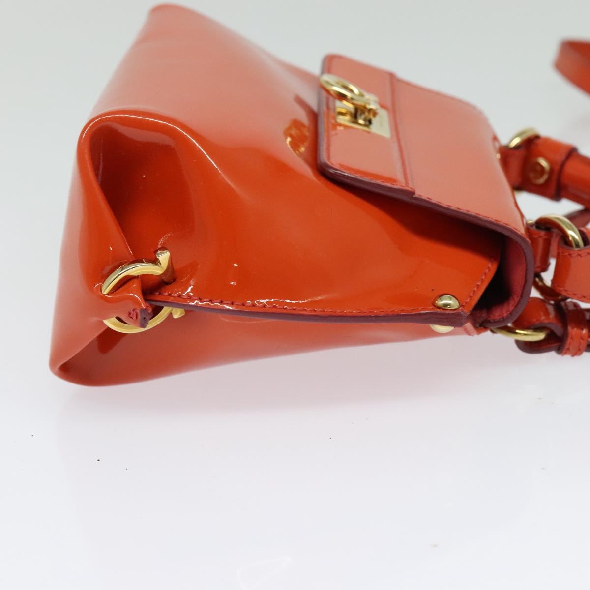Salvatore Ferragamo Gancini Hand Bag Enamel 2way Orange Gold Auth 137418