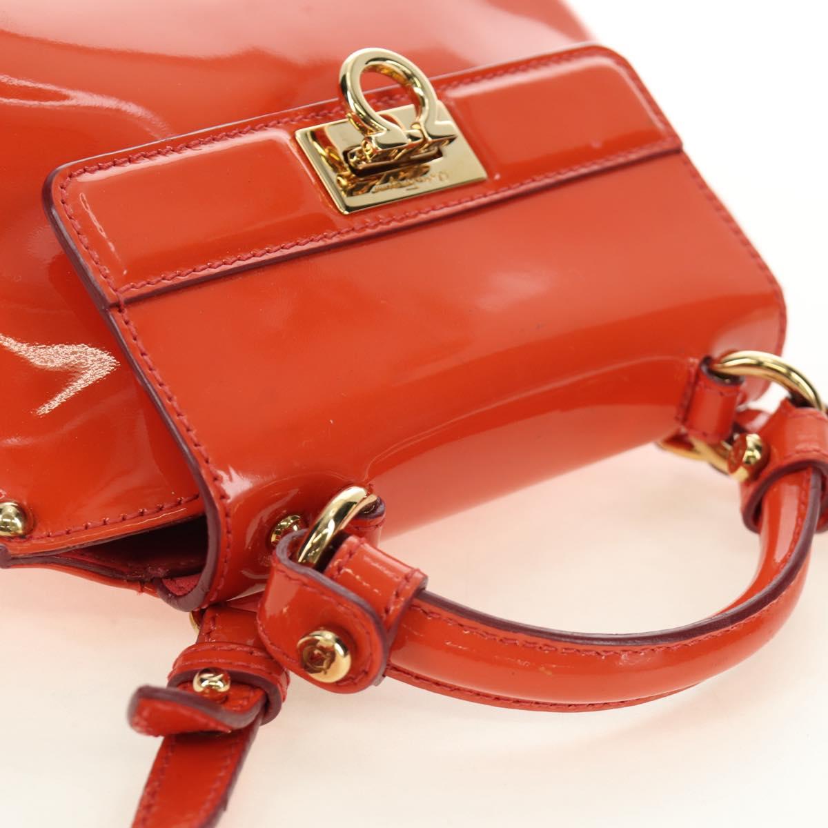 Salvatore Ferragamo Gancini Hand Bag Patent leather 2way Orange Gold Auth 137418