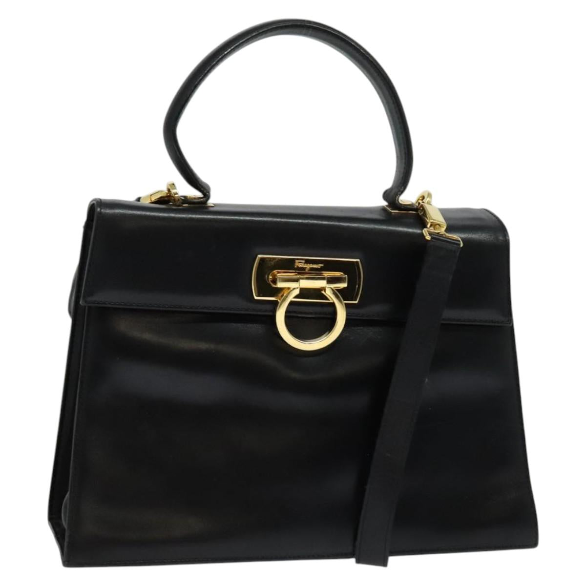 Salvatore Ferragamo Gancini Hand Bag Leather 2way Black Gold Auth 137421