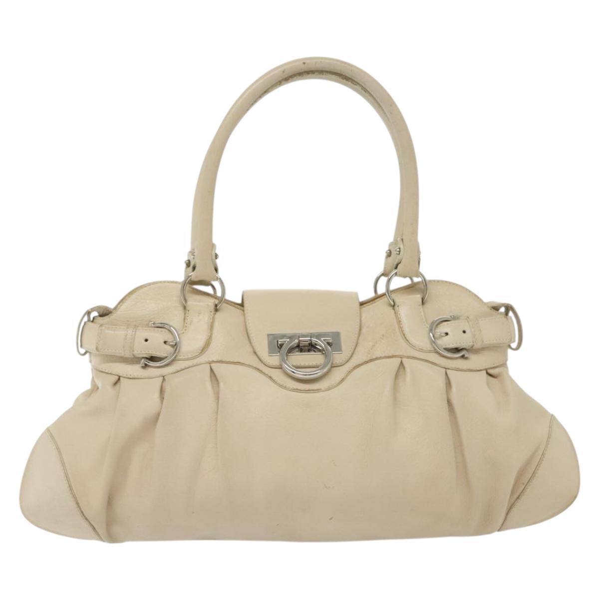 Salvatore Ferragamo Gancini Tote Bag Leather Beige Silver Auth 137424