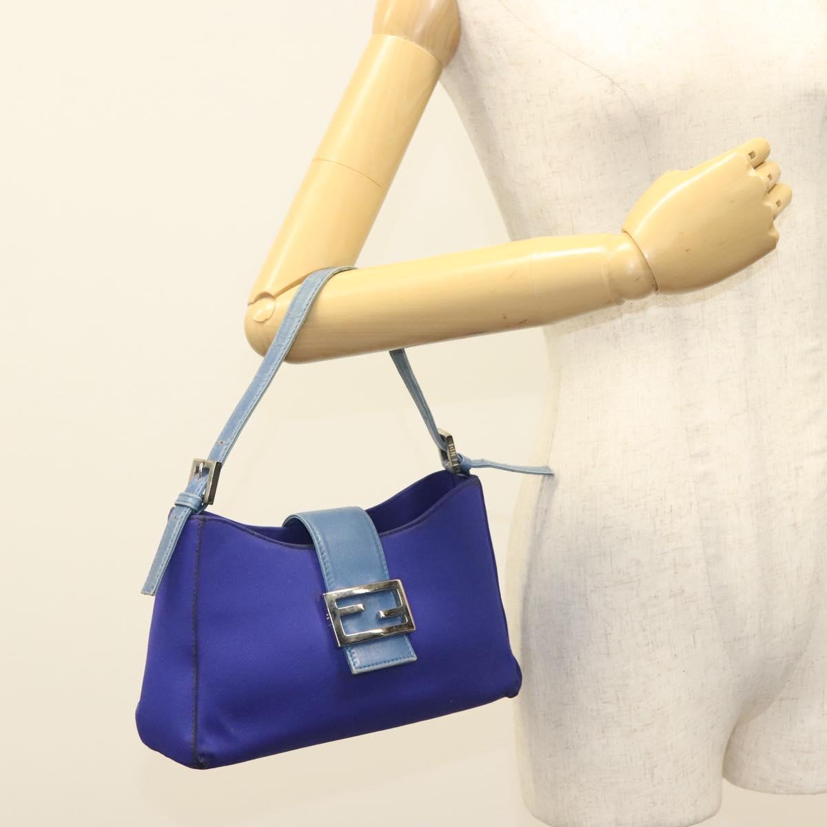 FENDI Mamma Baguette Shoulder Bag Nylon Blue Silver Auth 137452