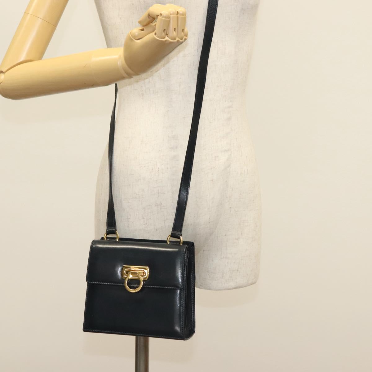 Salvatore Ferragamo Gancini Shoulder Bag Leather Suede Navy Gold Auth 137474