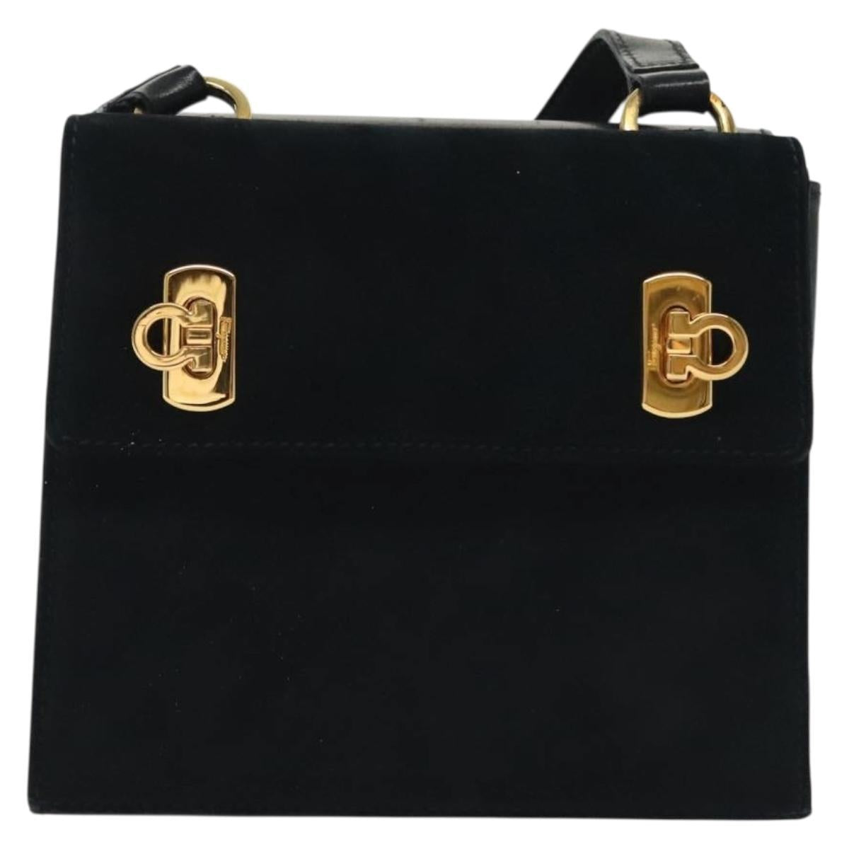 Salvatore Ferragamo Gancini Shoulder Bag Leather Suede Navy Gold Auth 137474