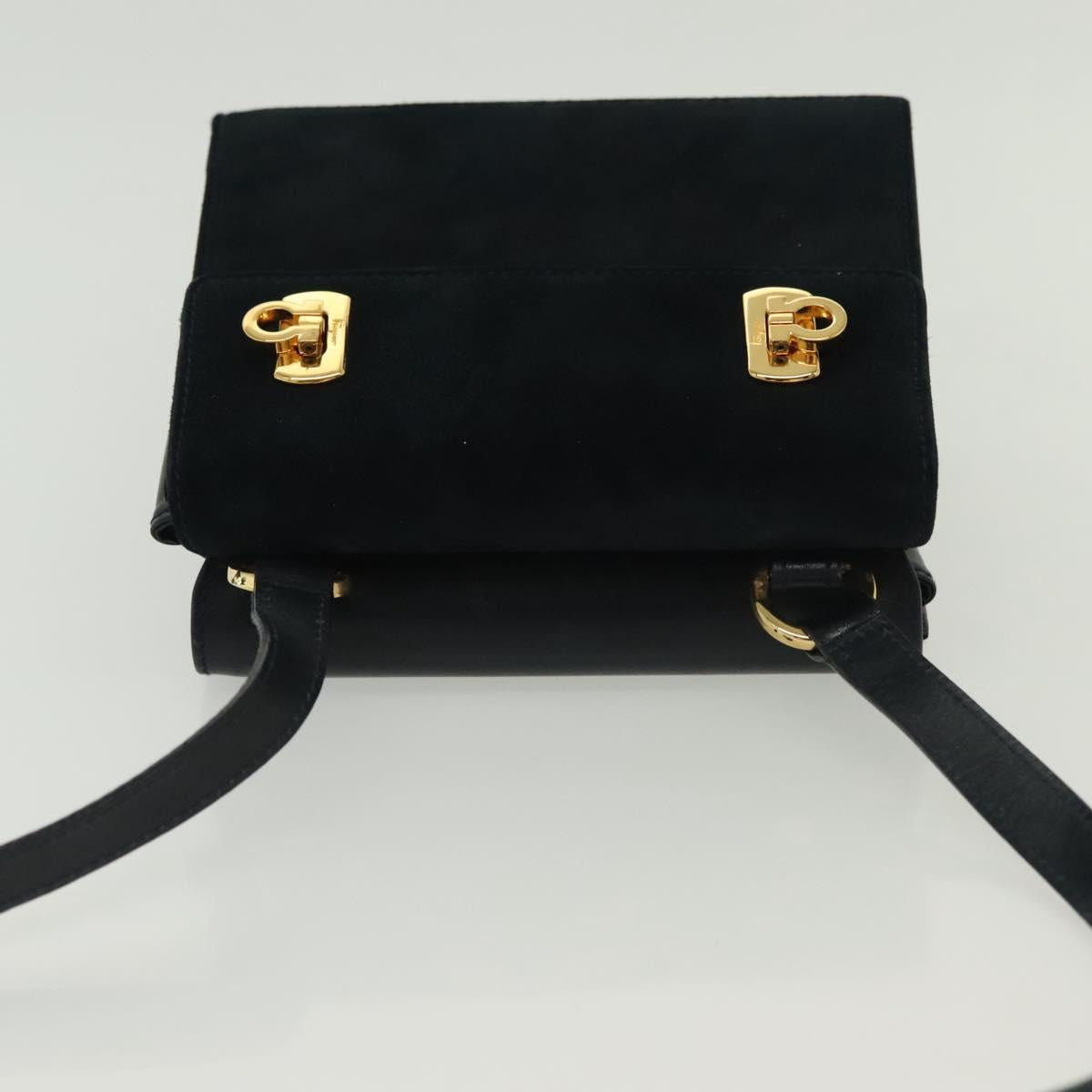 Salvatore Ferragamo Gancini Shoulder Bag Leather Suede Navy Gold Auth 137474