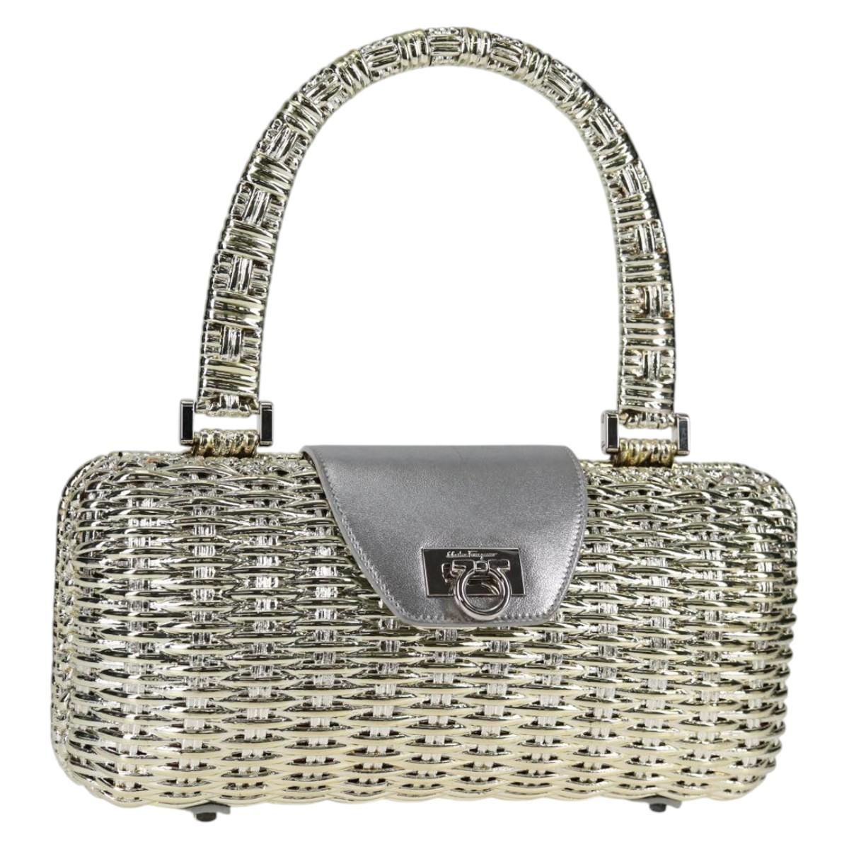 Salvatore Ferragamo Gancini Hand Bag Rattan Gold Auth 137497V