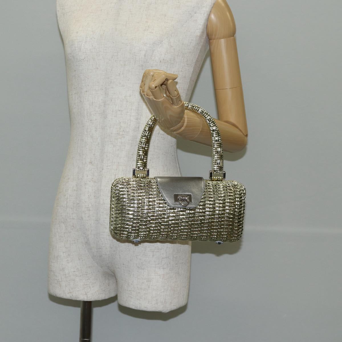 Salvatore Ferragamo Gancini Hand Bag Rattan Gold Auth 137497V