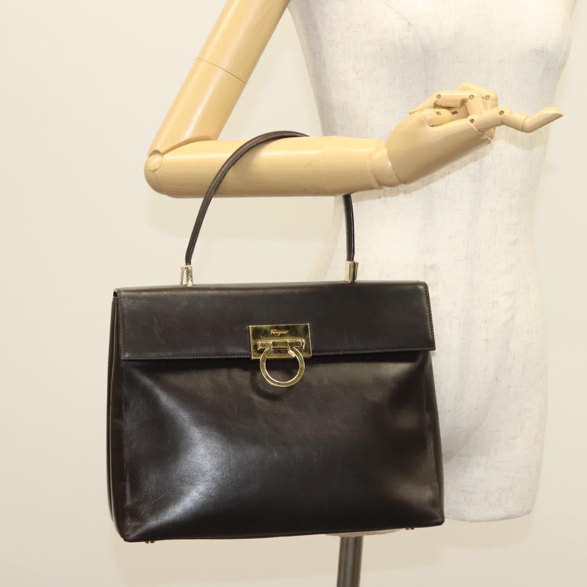Salvatore Ferragamo Gancini Hand Bag Leather Black Gold Auth 137516