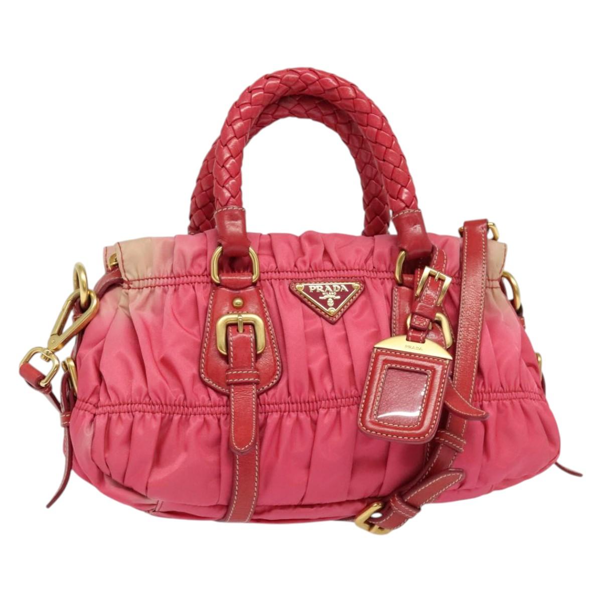 PRADA Gathered Hand Bag Nylon 2way Pink Gold Auth 137550