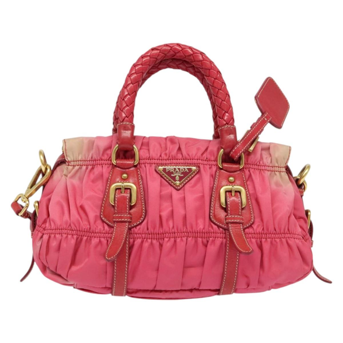 PRADA Gathered Hand Bag Nylon 2way Pink Gold Auth 137550