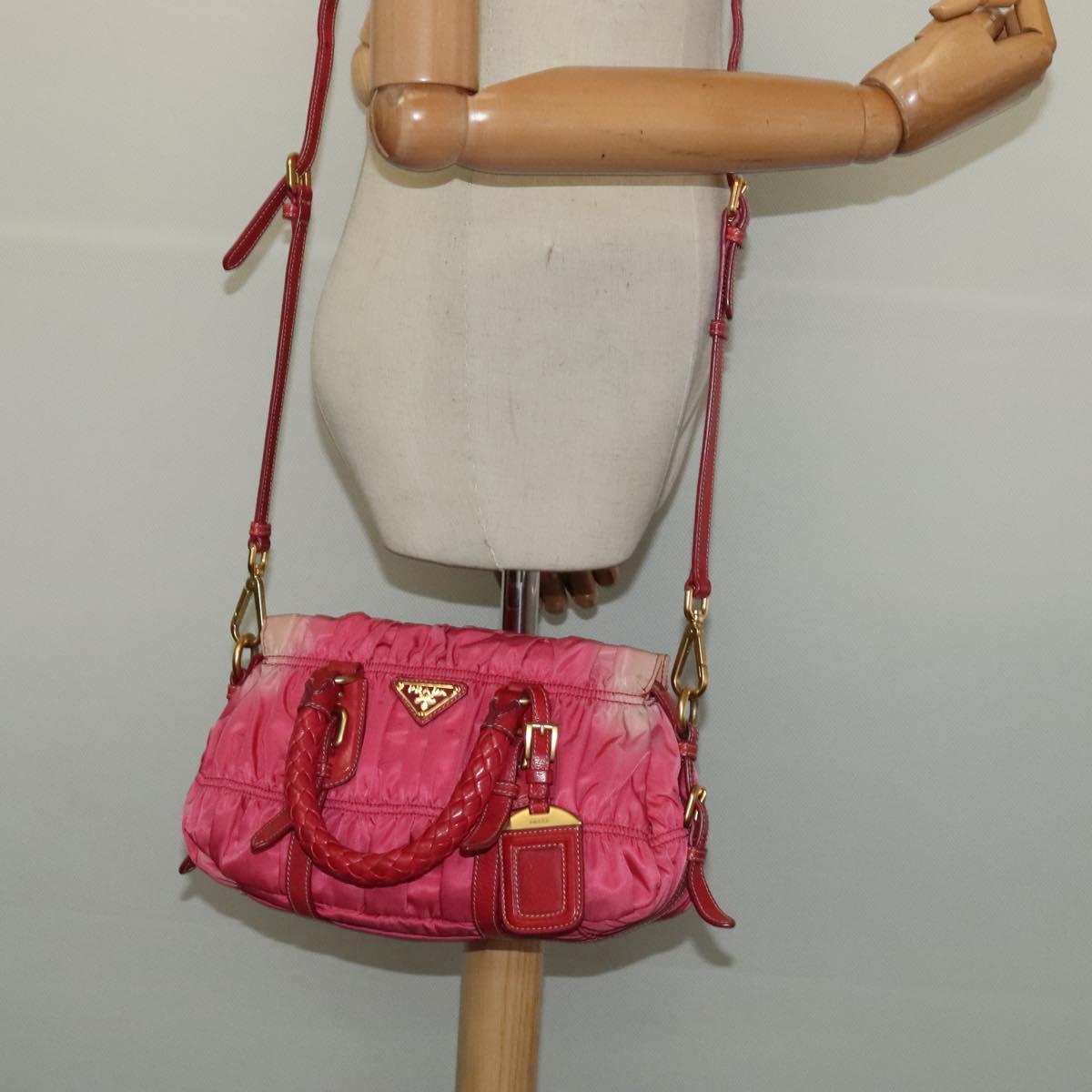PRADA Gathered Hand Bag Nylon 2way Pink Gold Auth 137550
