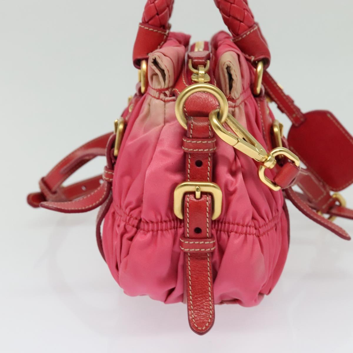 PRADA Gathered Hand Bag Nylon 2way Pink Gold Auth 137550
