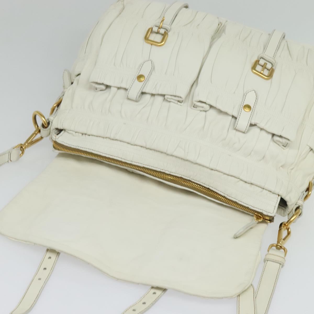 PRADA Gathered Shoulder Bag Leather White Gold Auth 137551