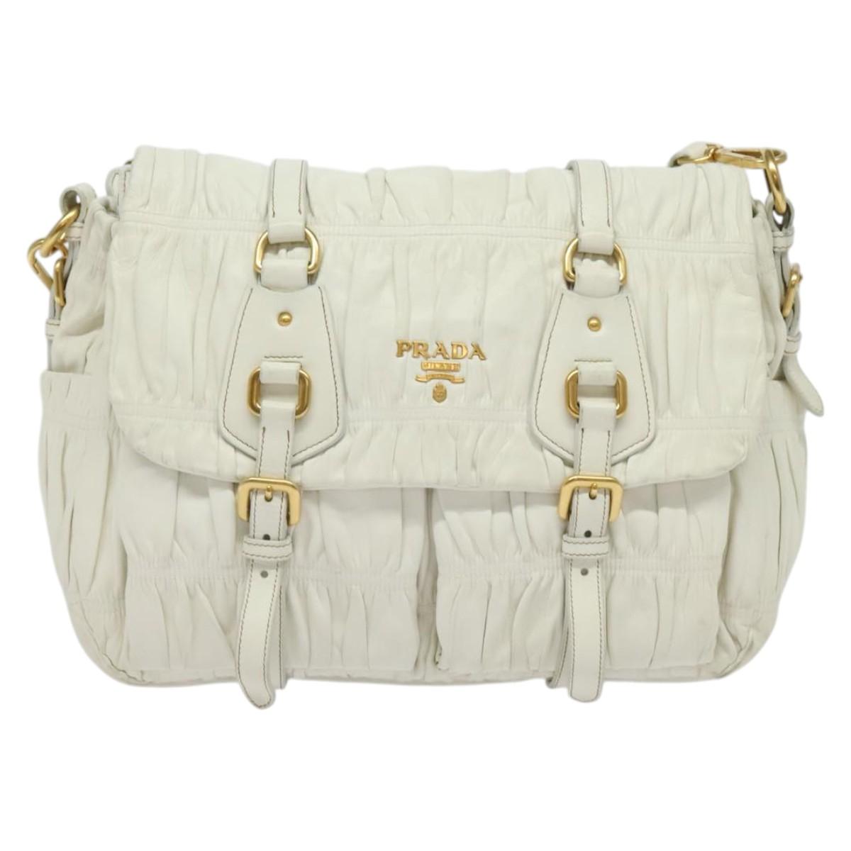 PRADA Gathered Shoulder Bag Leather White Gold Auth 137551