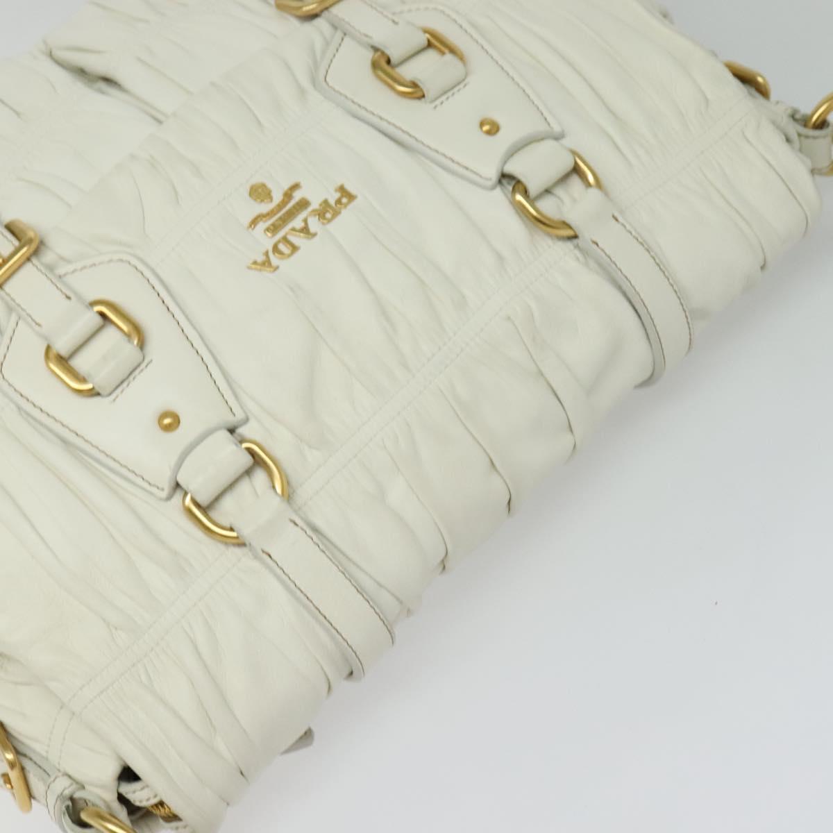 PRADA Gathered Shoulder Bag Leather White Gold Auth 137551