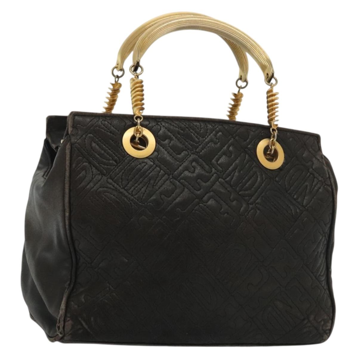 FENDI Hand Bag Leather Black Gold Auth 137552