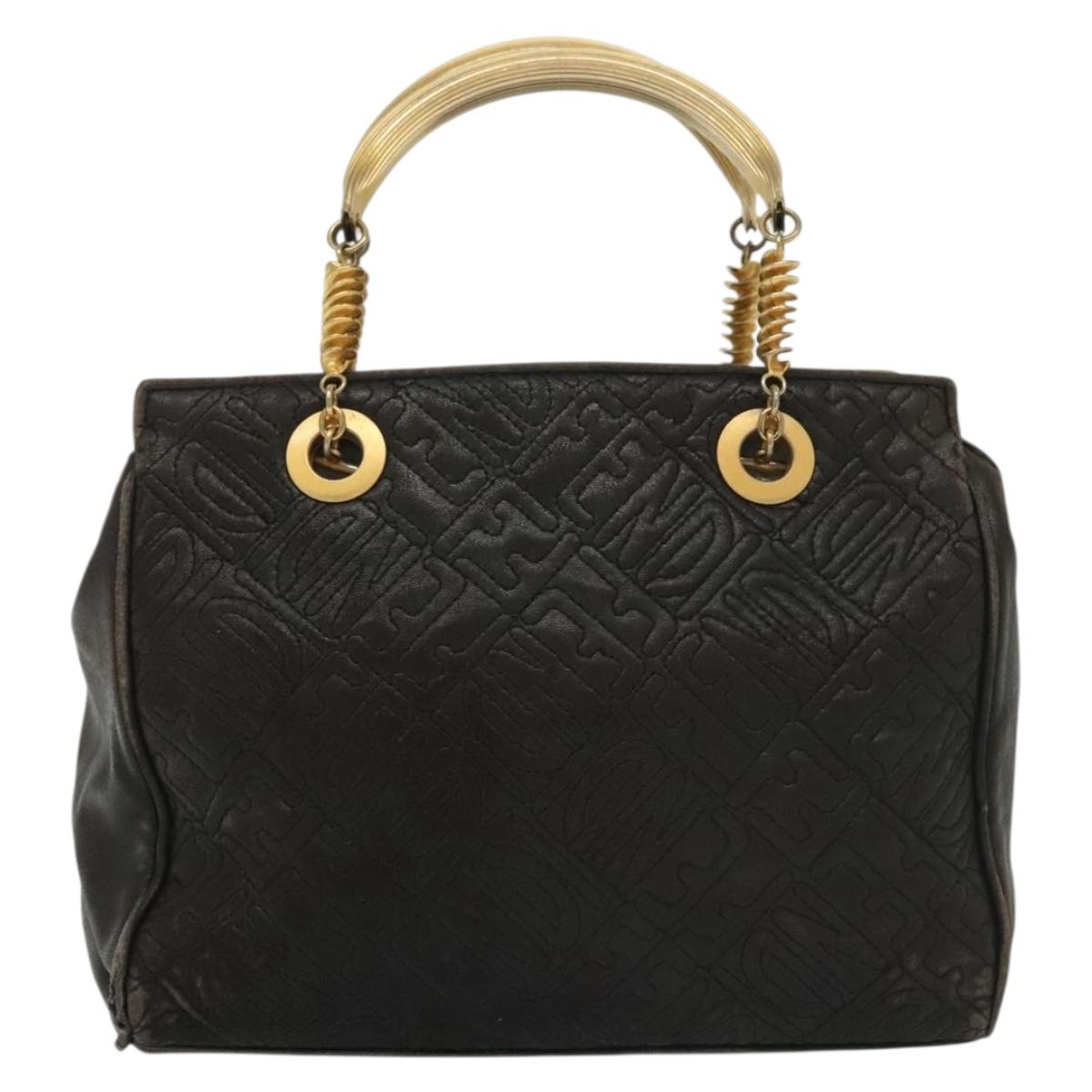 FENDI Hand Bag Leather Black Gold Auth 137552