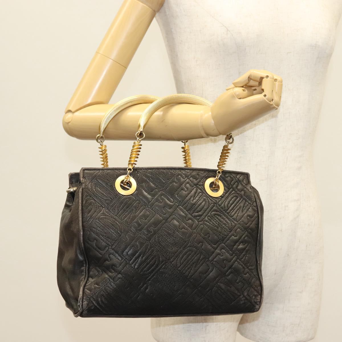 FENDI Hand Bag Leather Black Gold Auth 137552