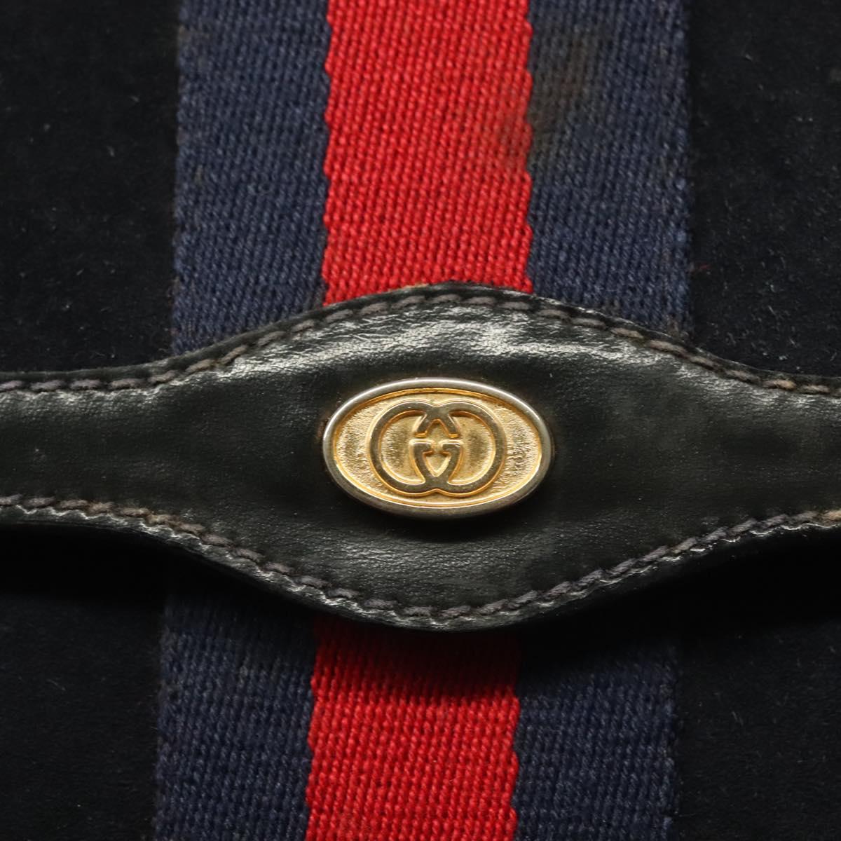GUCCI Sherry Line Clutch Bag Suede Navy Red gold Auth 137579