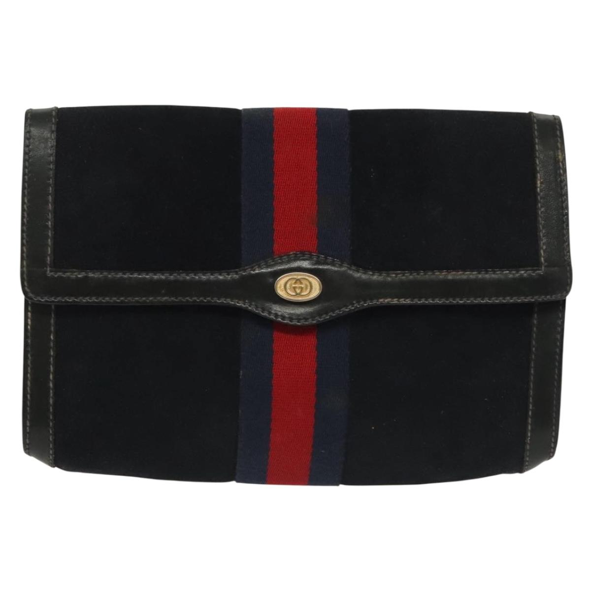 GUCCI Sherry Line Clutch Bag Suede Navy Red gold Auth 137579