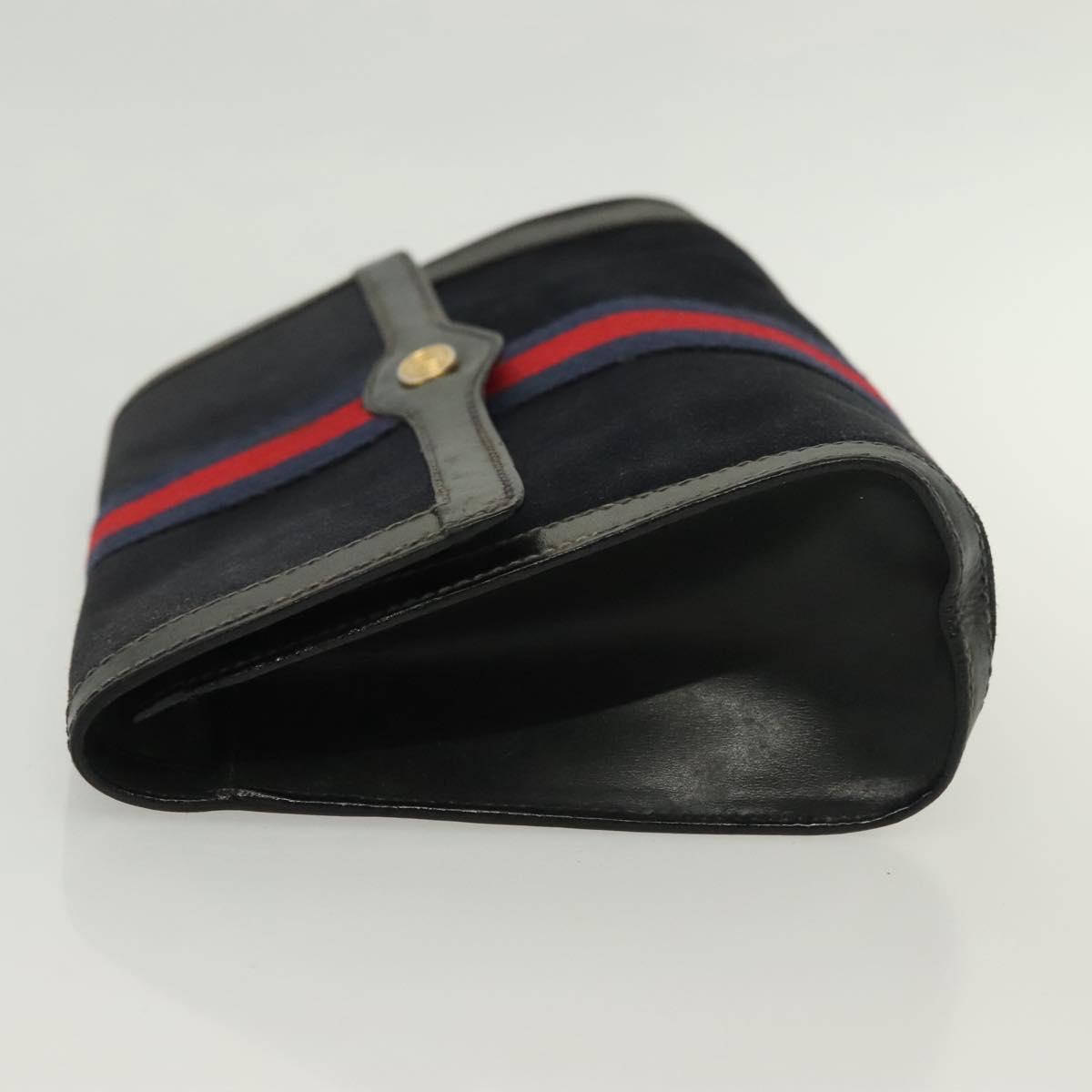GUCCI Sherry Line Clutch Bag Suede Navy Red gold Auth 137579