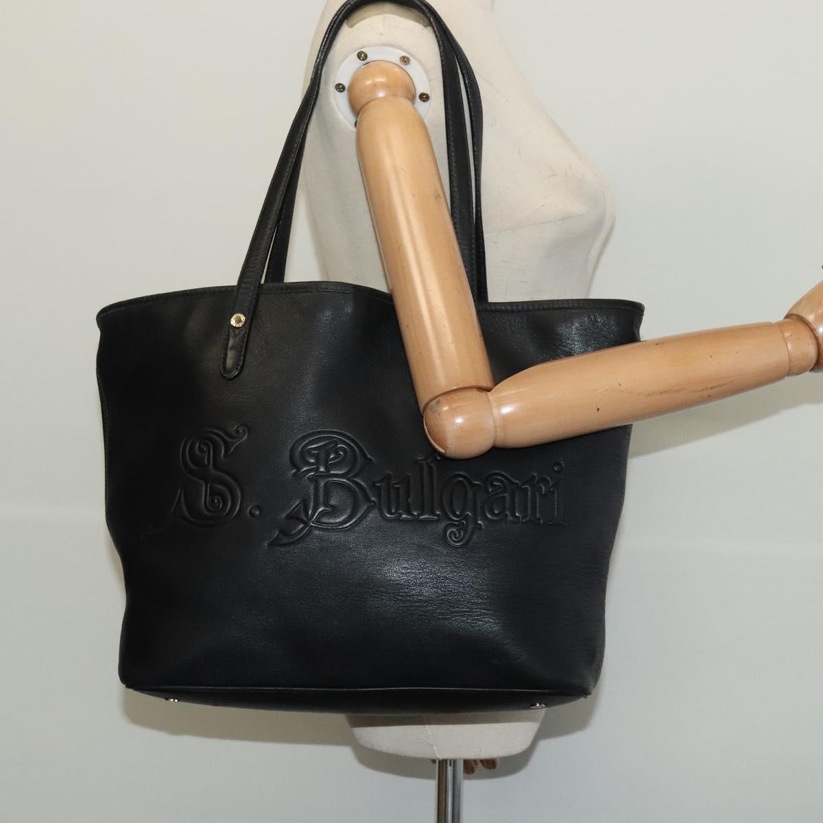 BVLGARI Tote Bag Leather Black Gold Auth 137590
