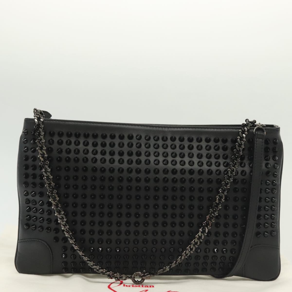 Christian Louboutin Studs Chain Shoulder Bag Leather Black Silver Auth 137606