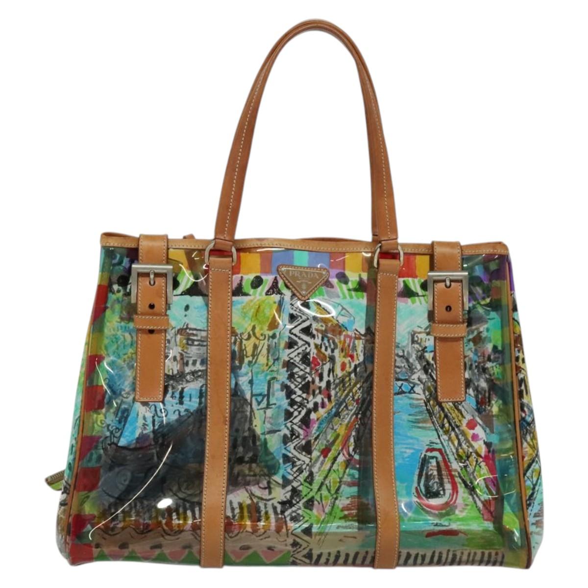 PRADA Tote Bag Vinyl Leather Clear Multicolor Silver BR2515 Auth 137653