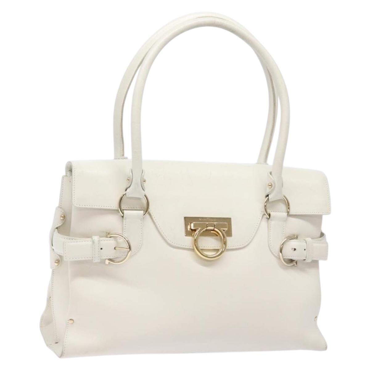 Salvatore Ferragamo Gancini Hand Bag Leather White Gold Auth 137663
