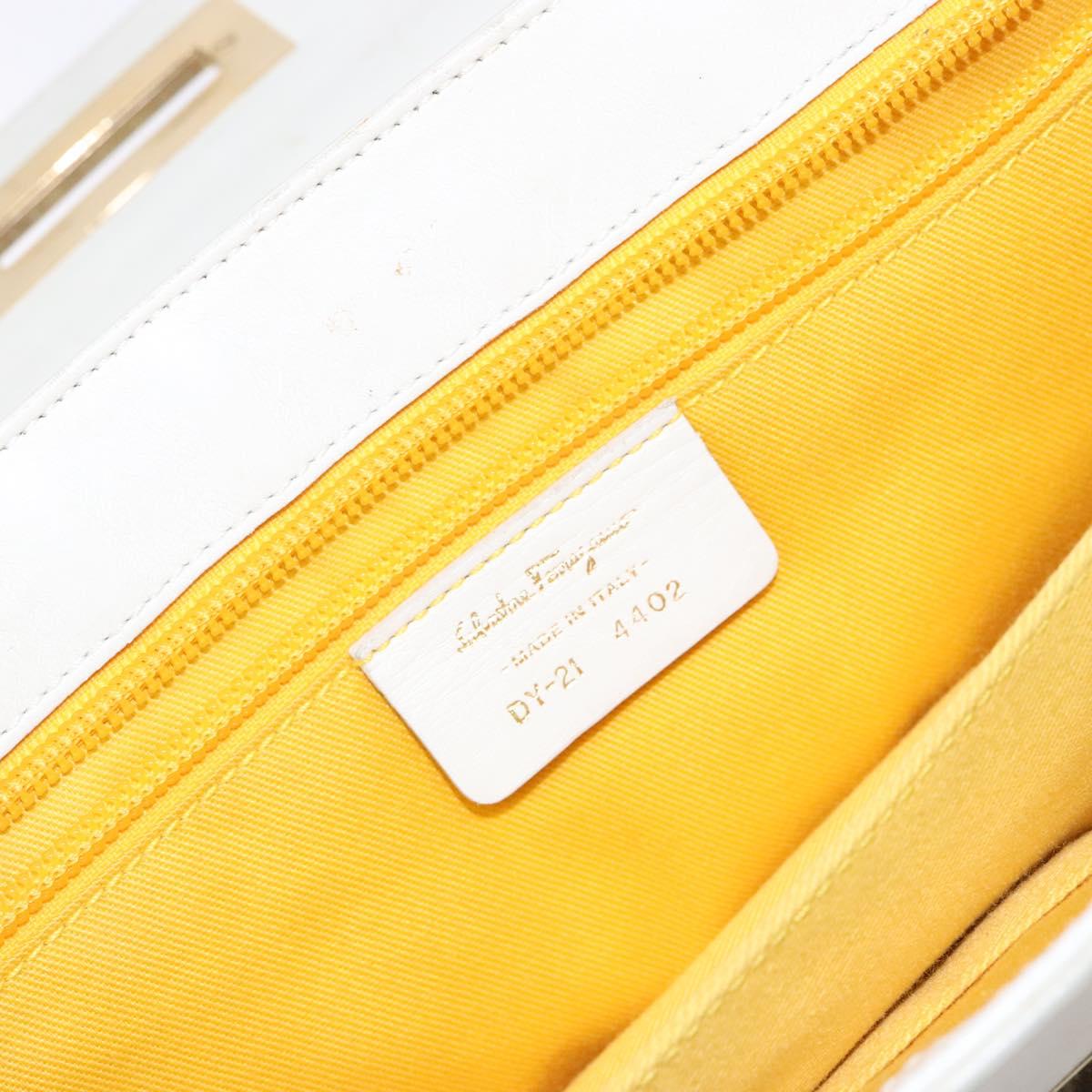Salvatore Ferragamo Gancini Hand Bag Leather White Gold Auth 137663