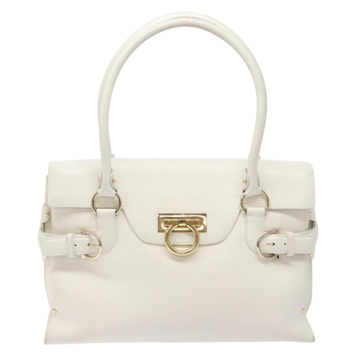 Salvatore Ferragamo Gancini Hand Bag Leather White Gold Auth 137663