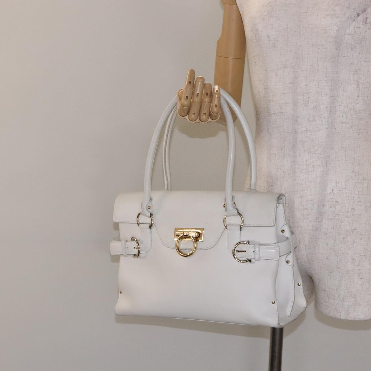 Salvatore Ferragamo Gancini Hand Bag Leather White Gold Auth 137663