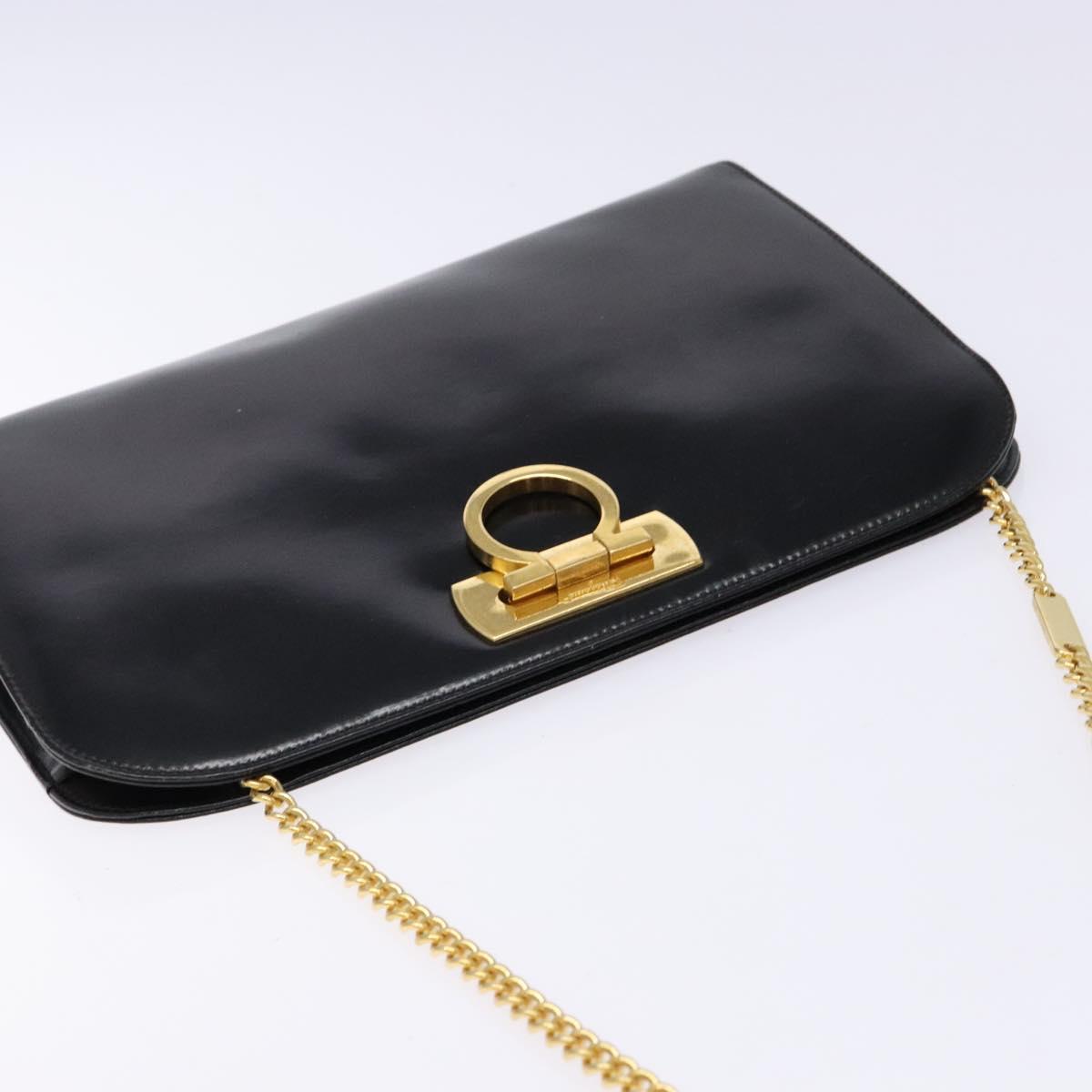 Salvatore Ferragamo Gancini Chain Shoulder Bag Leather Black Gold Auth 137680